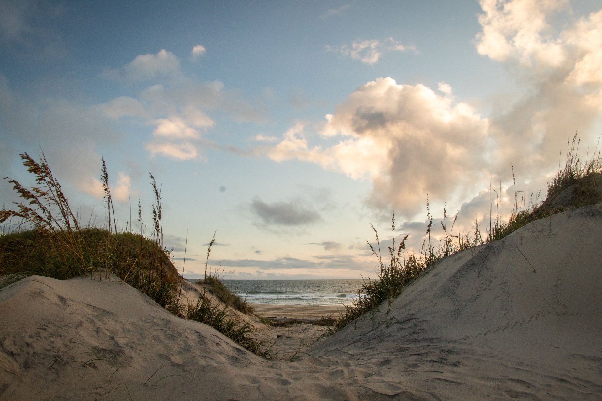 Serene coastal landscape with sand dunes, sea grass, and a cloudy sky at sunset.